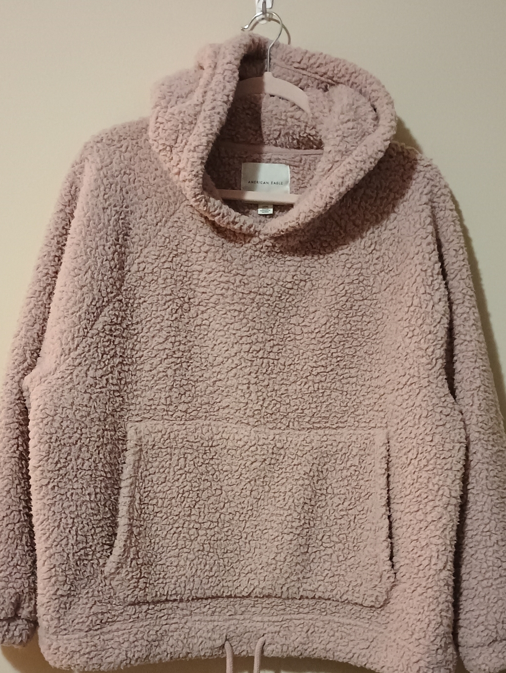 American Eagle Oversized Mauve Pink Sherpa Hoodie Fleece Pullover Large EUC